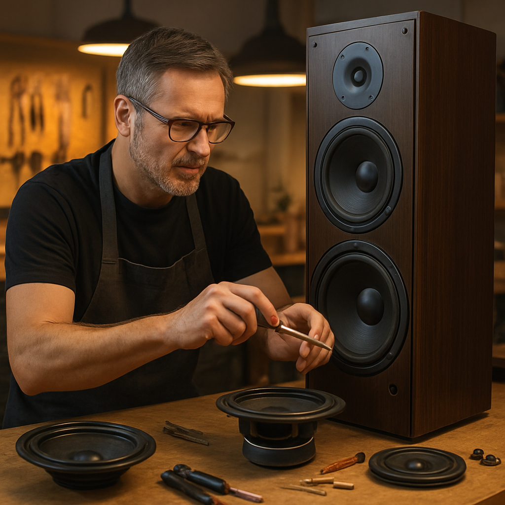 Speaker repair technician working on professional audio equipment