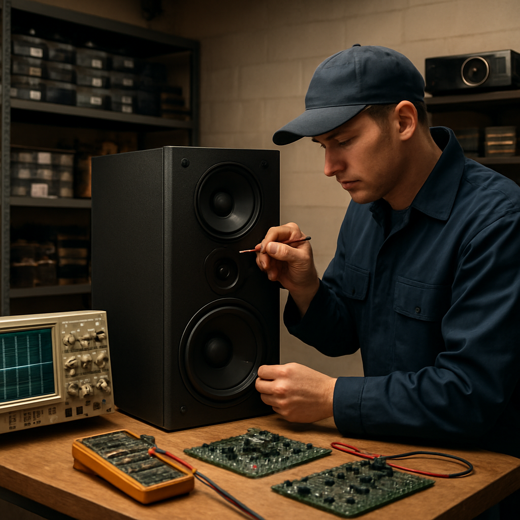 Professional AV repair lab with technicians working on speakers, projectors and home theater systems
